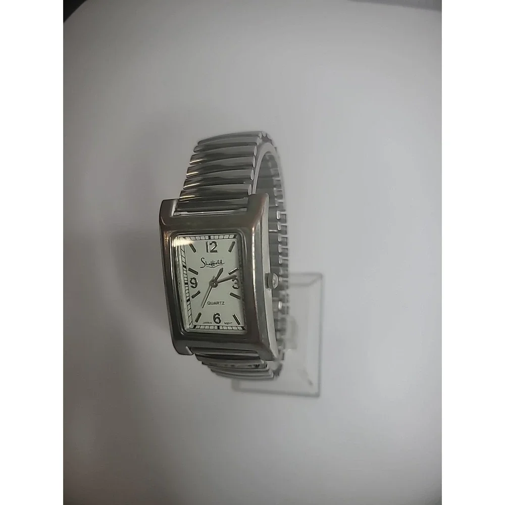 Vintage Sheffield Wristwatch Watch Silver Tone Elastic‎ Metal Band Womens